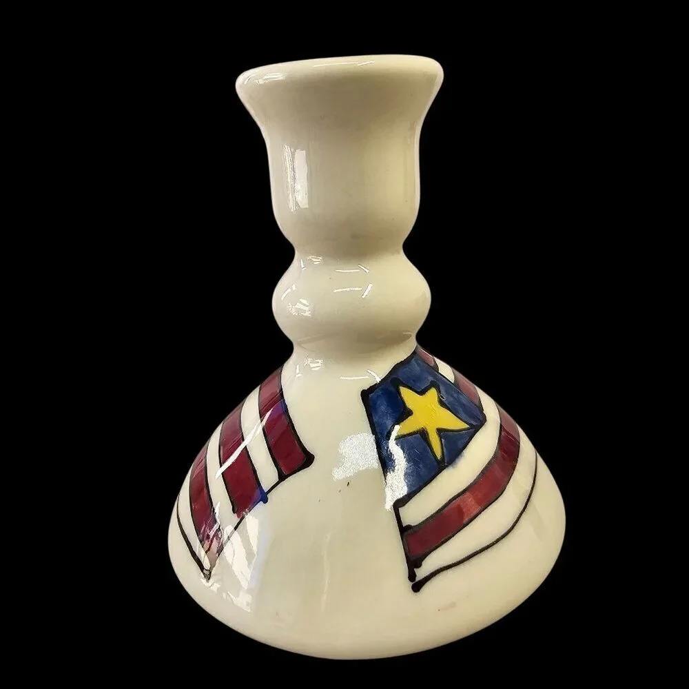 Artist Signed Hand-Painted Ceramic American Flag Candle Holder Vintage
